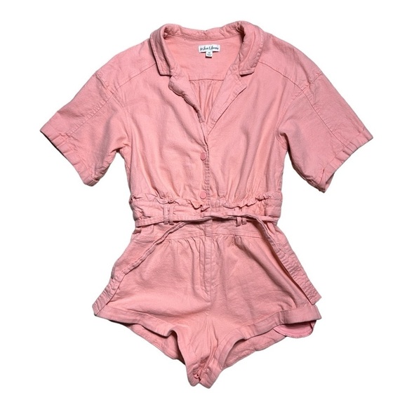 For Love & Lemons Pink Millie Linen Blend Romper in Mango US XS - Picture 2 of 9